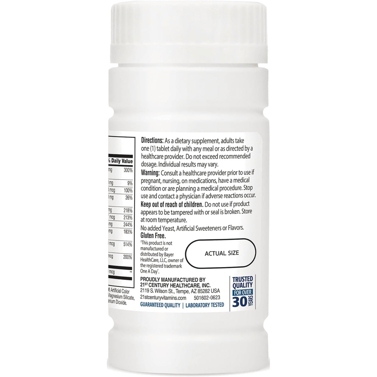 White supplement bottle back label showing directions, warnings, nutrition facts and ACTUAL SIZE oval