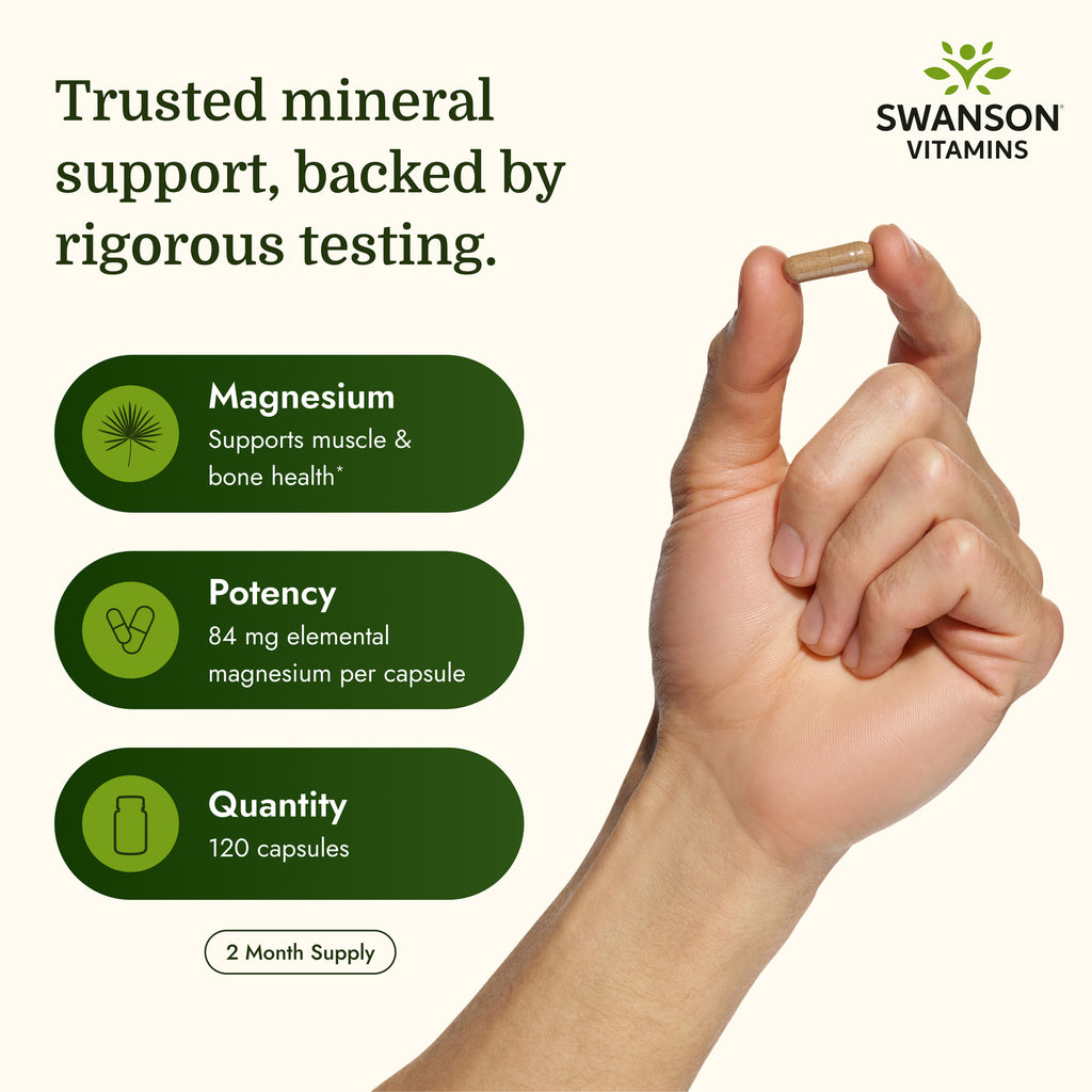 SW1525 | Magnesium capsule infographic with 84 mg potency, 120 capsules, and 2 month supply - Thumbnail
