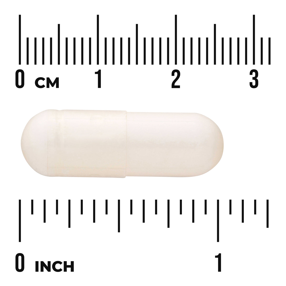 SWU453 | White capsule shown next to ruler scale in centimeters and inches
