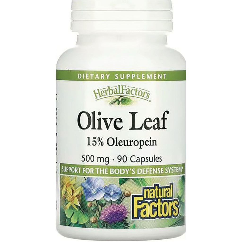 NFC076 | Natural Factors Olive Leaf 15% oleuropein 500 mg 90 capsules white supplement bottle - Thumbnail