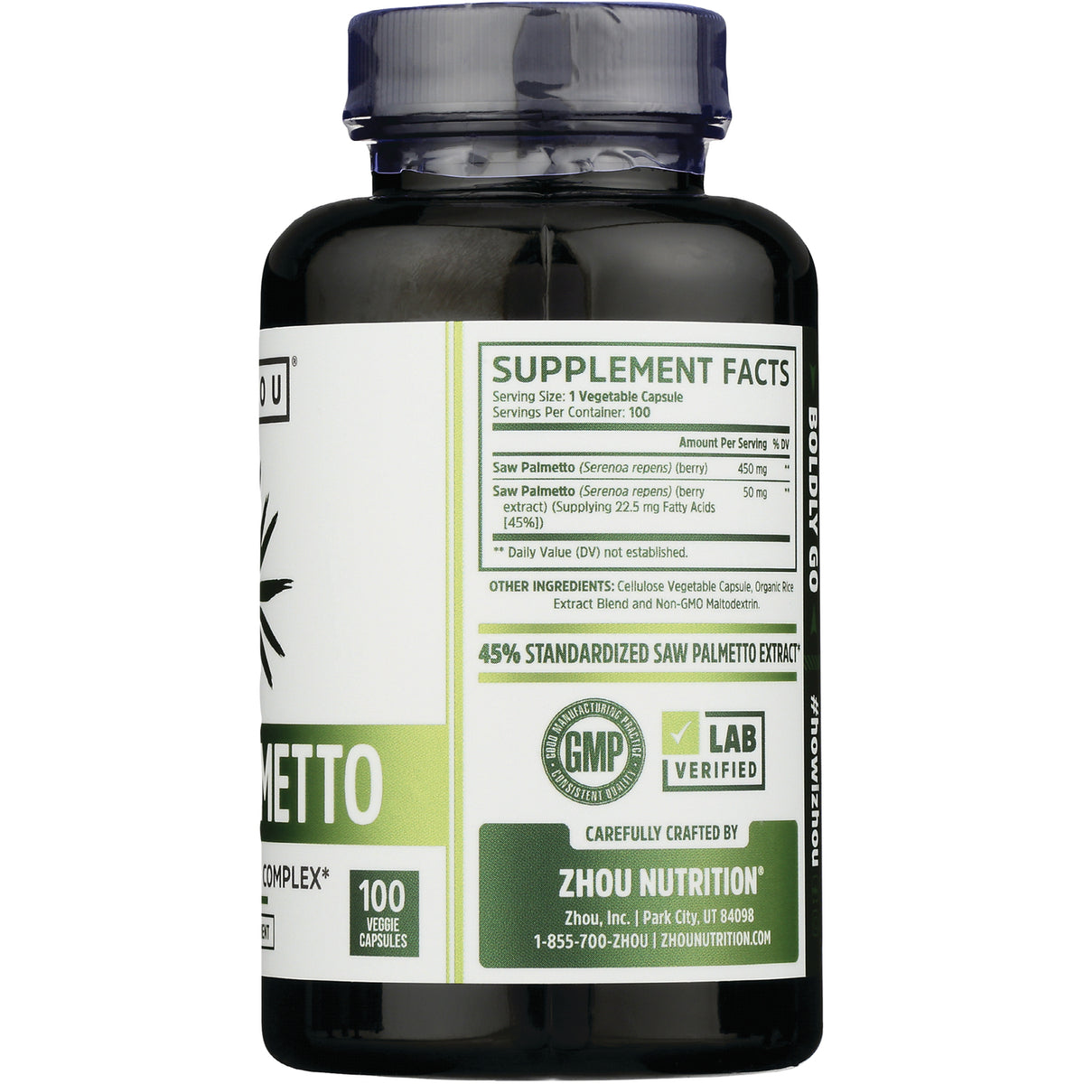 ZOU003 | Back label showing Supplement Facts for Zhou Nutrition Saw Palmetto, 100 veggie capsules