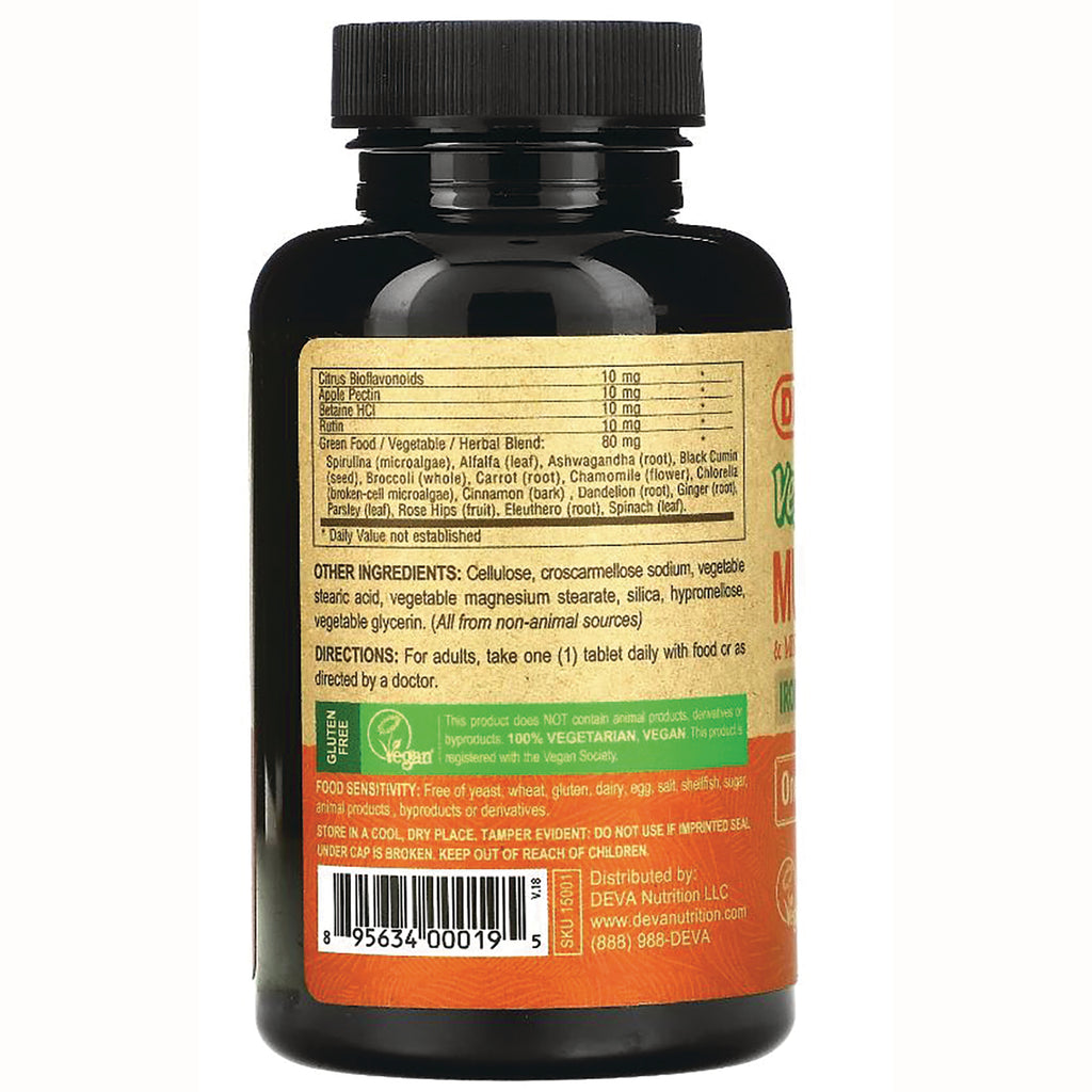DEV002 | back of supplement bottle showing ingredient panel, directions, certification icons and barcode - Thumbnail