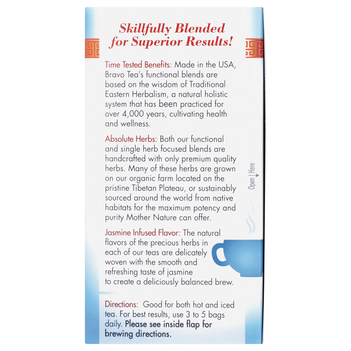 BVT002 | product infographic panel listing benefits, absolute herbs, jasmine infused flavor and brewing directions