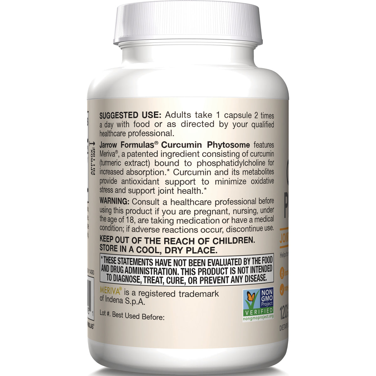 JR338 | back label of supplement bottle showing suggested use, warning, storage instructions and Non-GMO seal