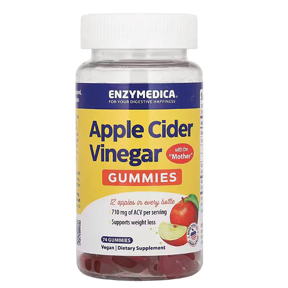 EMD090 | Enzymedica Apple Cider Vinegar Gummies bottle with label reading Apple Cider Vinegar GUMMIES and visible red gummies