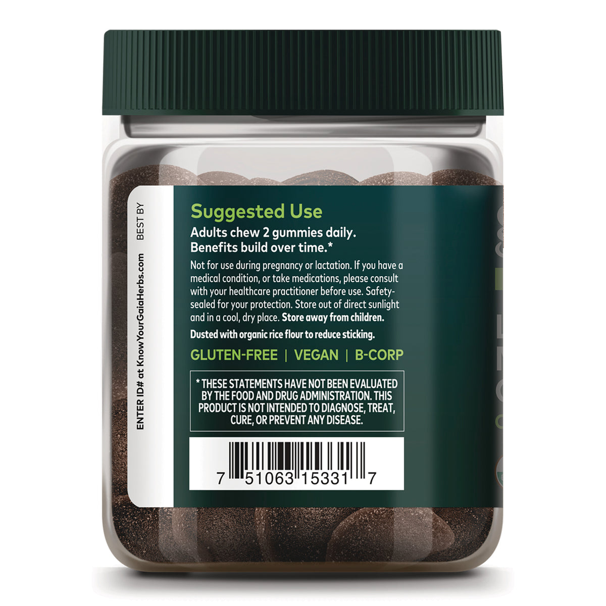 GH177 | Back label of dark green gummy jar showing suggested use text, gluten-free vegan B-Corp badges and barcode