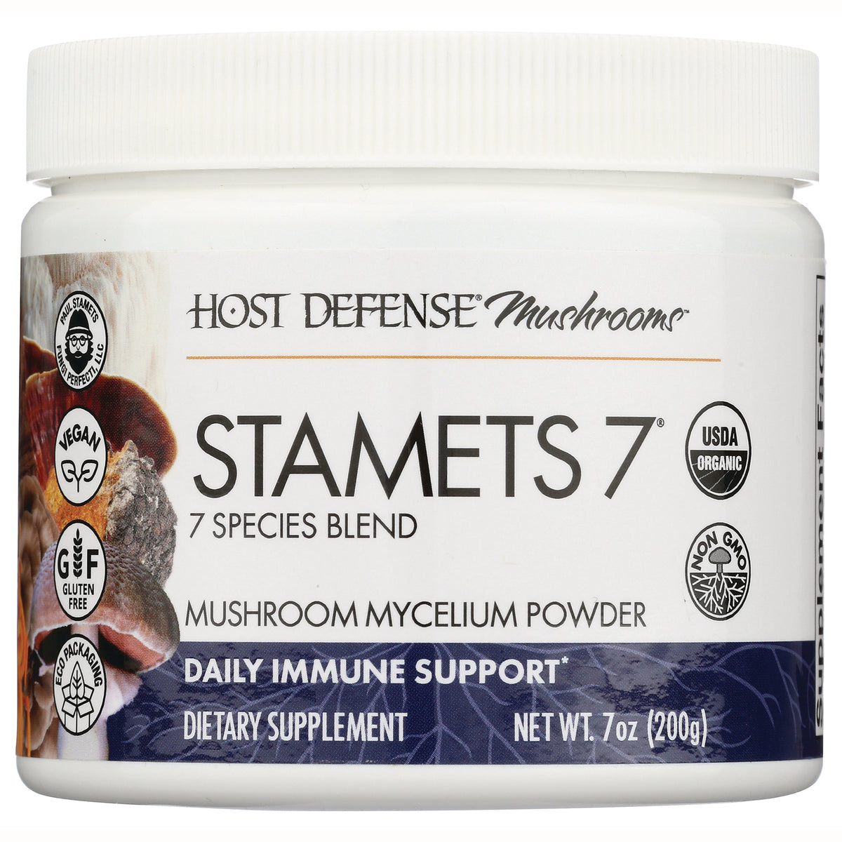 FUN048 | White jar labeled STAMETS 7 mushroom mycelium powder, 7 species blend, USDA Organic, net wt 7 oz