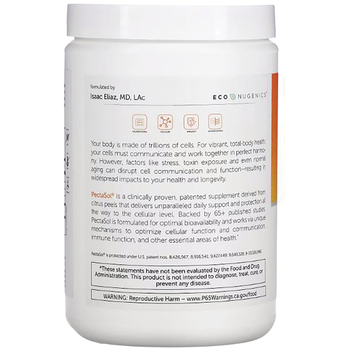 ECN002 | Back label of white supplement jar showing product description, warnings, and ECO NUGENICS logo
