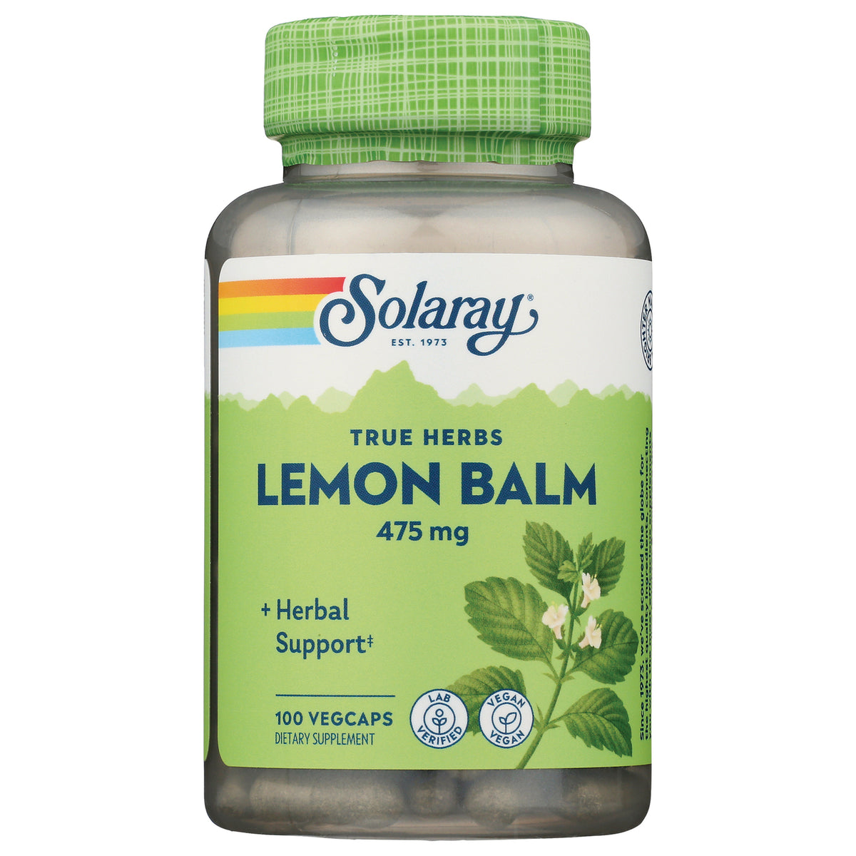 SLR369 | Solaray True Herbs Lemon Balm 475 mg, 100 VegCaps dietary supplement bottle