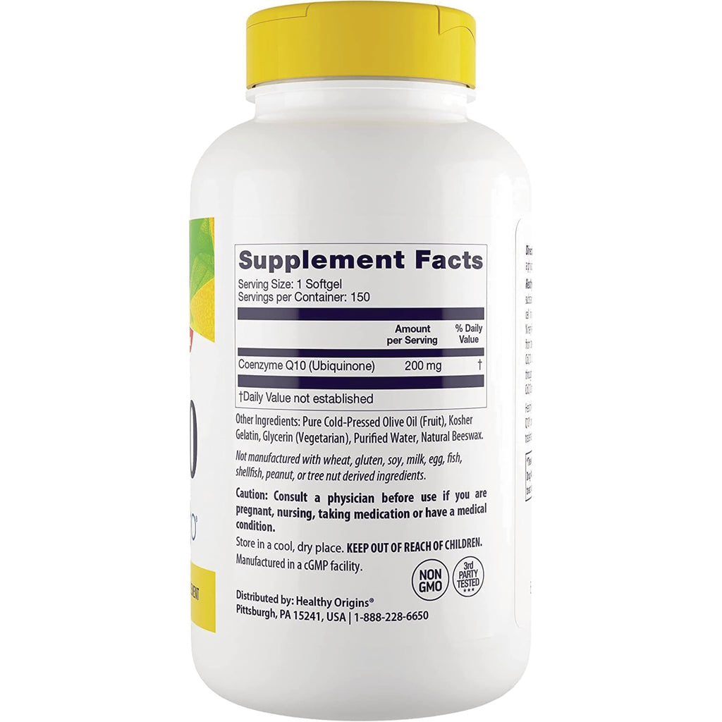 HRG054 | White supplement bottle back showing Supplement Facts panel listing Coenzyme Q10 (Ubiquinone) 200 mg and ingredient and caution text - Thumbnail