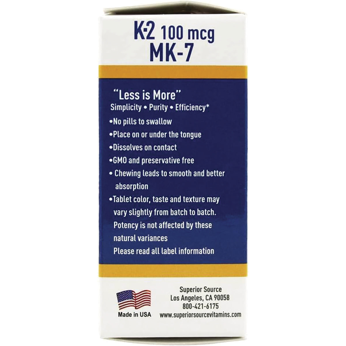 SUS020 | Back panel showing K2 100 mcg MK-7 benefits and 'Less is More' bullets, Made in USA, Superior Source info