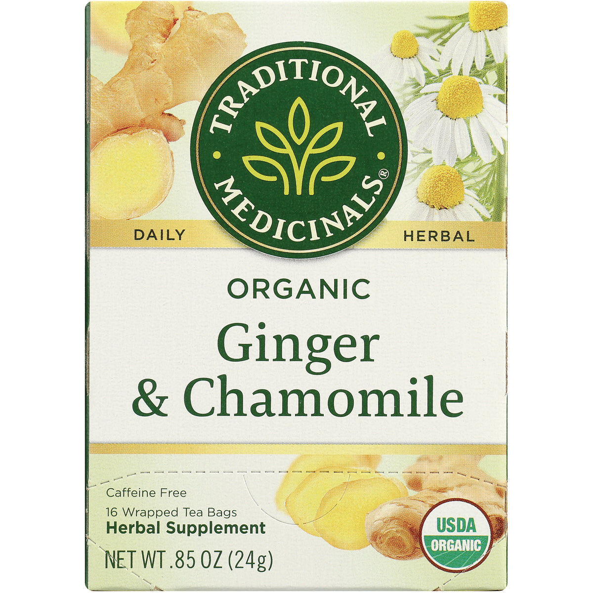 TMD019 | Traditional Medicinals Organic Ginger & Chamomile tea, caffeine free, 16 wrapped tea bags, USDA Organic