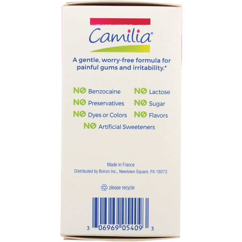 BRN050 | Camilia back panel listing No benzocaine, preservatives, dyes or colors, artificial sweeteners, lactose, sugar, flavors - Thumbnail