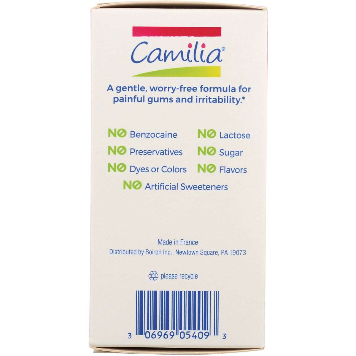 BRN050 | Camilia back panel listing No benzocaine, preservatives, dyes or colors, artificial sweeteners, lactose, sugar, flavors