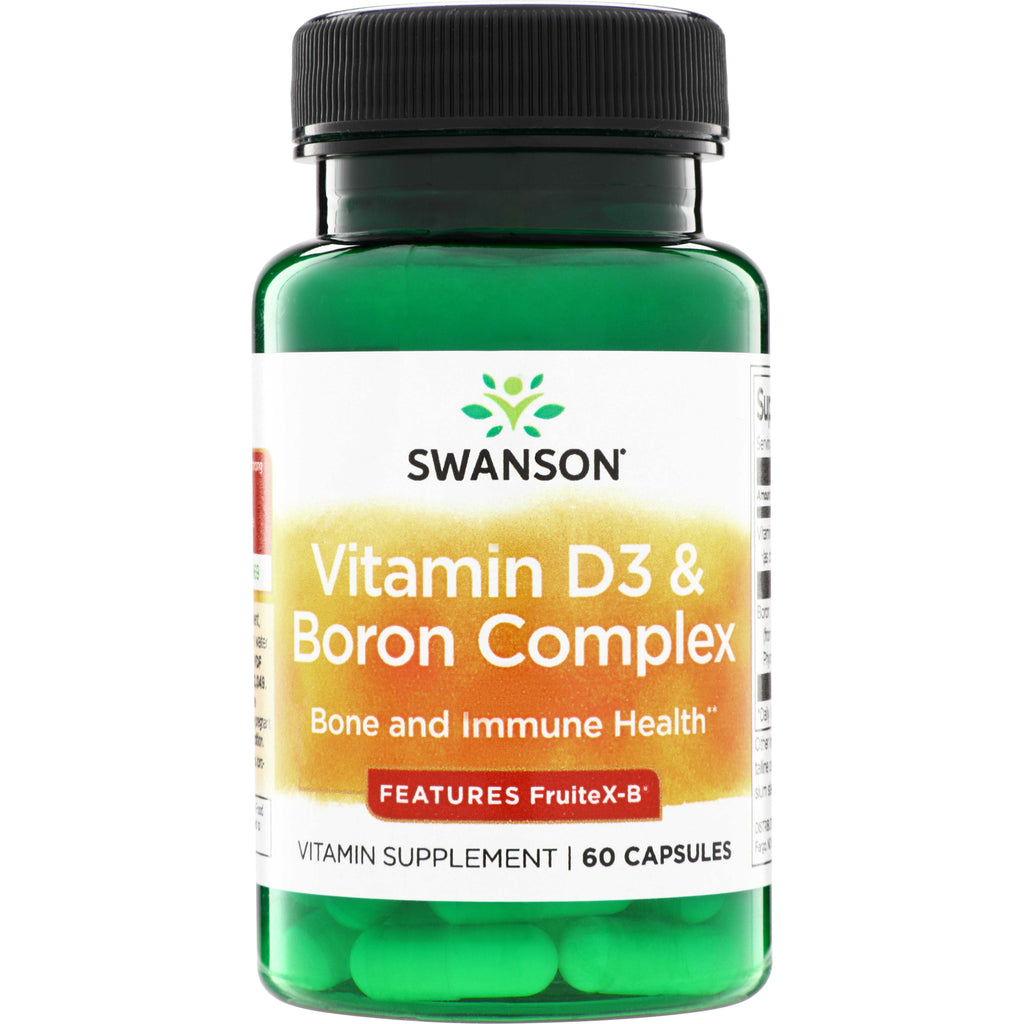 SWU212 | Swanson Vitamin D3 & Boron Complex bottle front, Bone and Immune Health, Features FruiteX-B, 60 capsules - Thumbnail