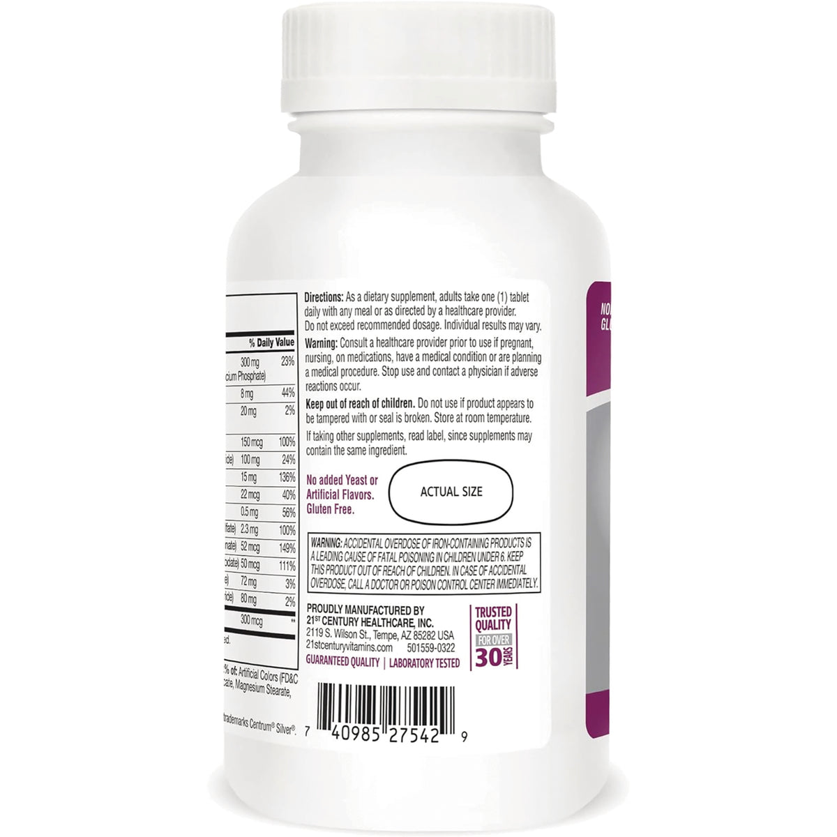 CNT282 | Back label of white supplement bottle showing nutrition facts, warnings, barcode and oval labeled ACTUAL SIZE