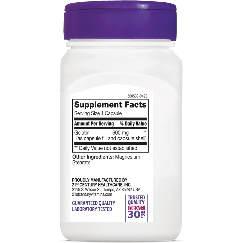 CNT056 | back label showing Supplement Facts Serving Size 1 Capsule, Gelatin 600 mg, other ingredients Magnesium Stearate - Thumbnail