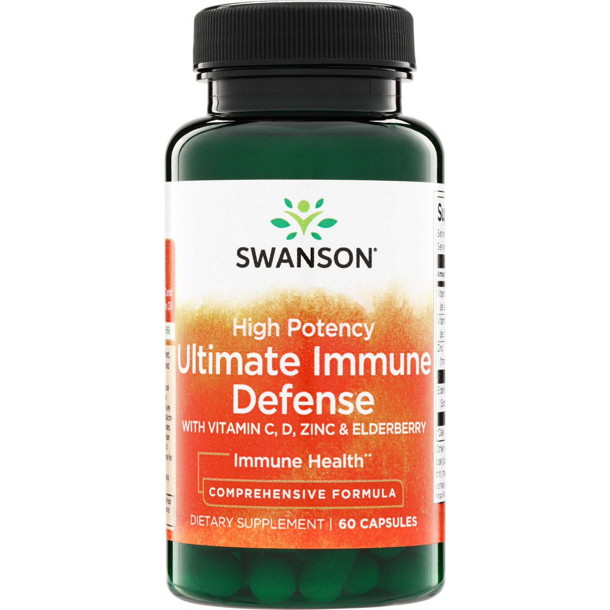 SW1812 | Swanson High Potency Ultimate Immune Defense supplement bottle, with Vitamin C, D, Zinc & Elderberry, 60 capsules