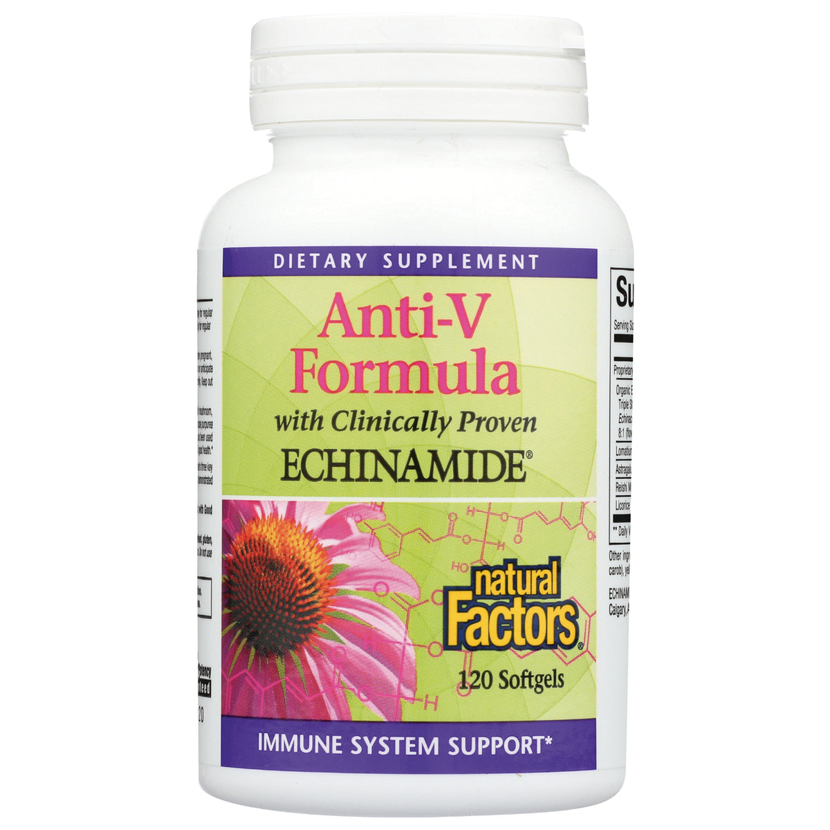 NFC105 | Bottle labeled Anti-V Formula ECHINAMIDE natural Factors 120 Softgels front