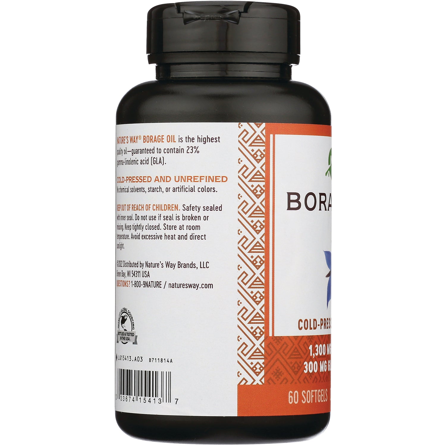 NW606 | side label of supplement bottle showing cold-pressed borage oil text, safety warnings and barcode