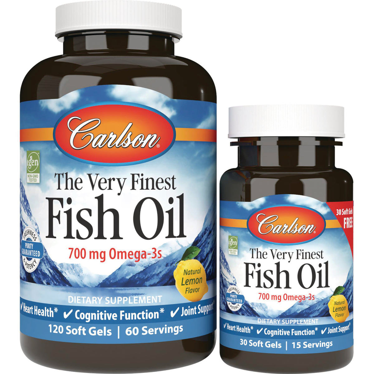 CSN148 | Two Carlson fish oil bottles front view, 700 mg Omega-3s, natural lemon flavor, 120 and 30 soft gels