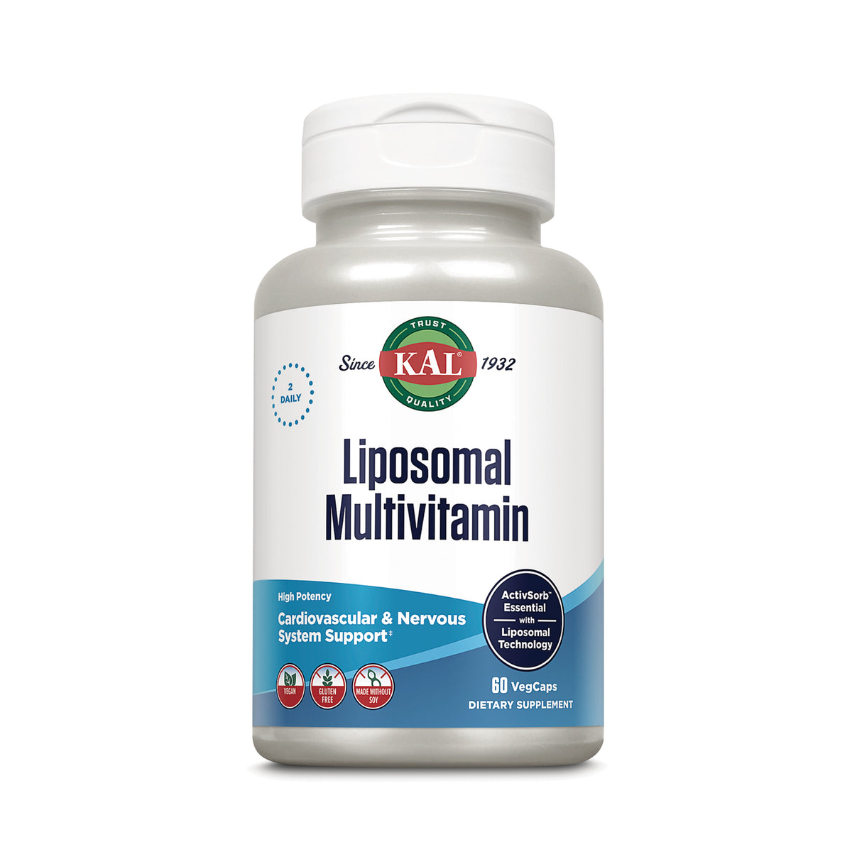 KL592 | KAL Liposomal Multivitamin bottle, front label showing Cardiovascular & Nervous System Support and 60 VegCaps
