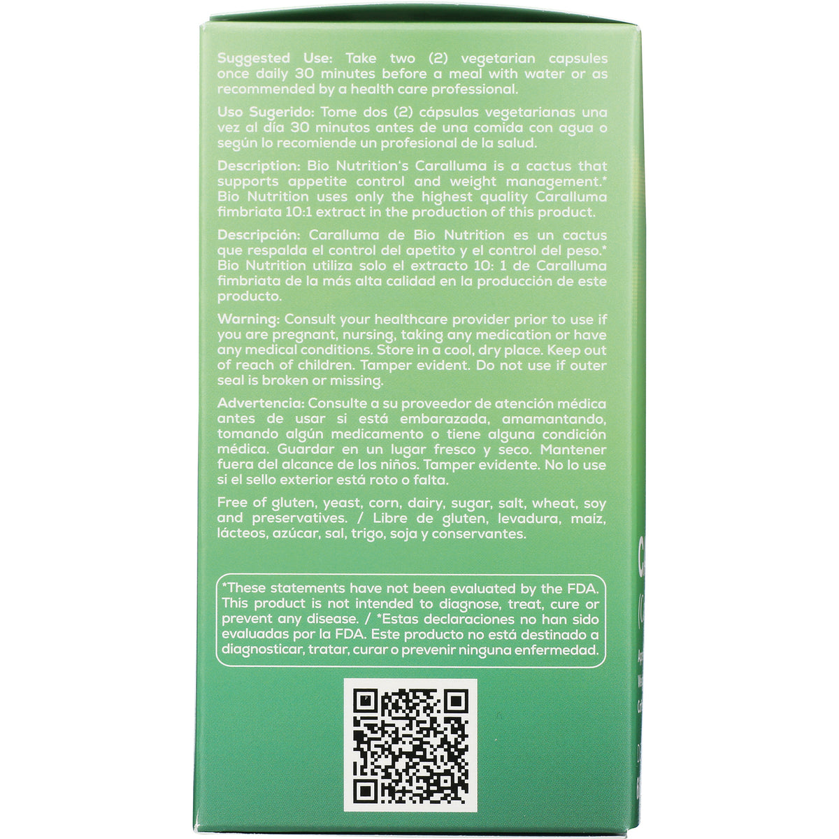 BNN025 | green product box back with usage and warning text, ingredient claims, and QR code