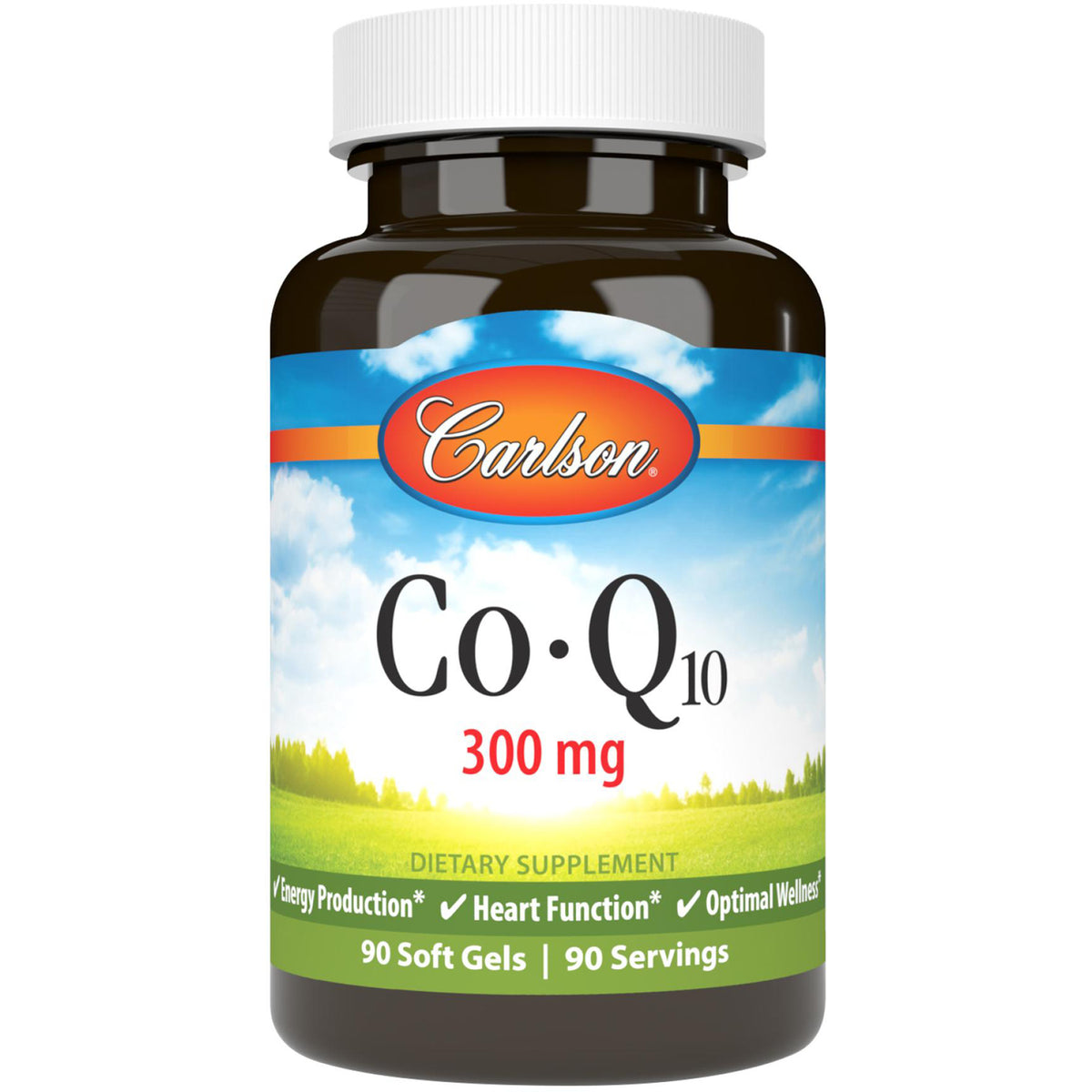 Carlson Co-Q10 300 mg bottle, 90 soft gels dietary supplement label