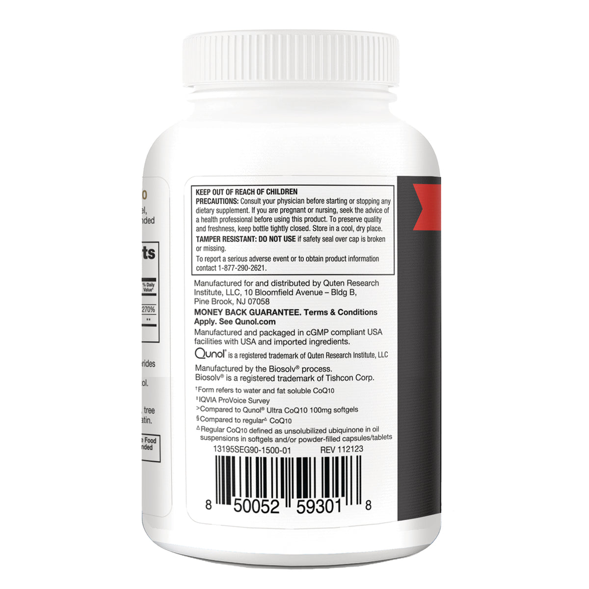 QNL016 | Back label of Qunol CoQ10 supplement bottle with warnings, manufacturer details, and barcode