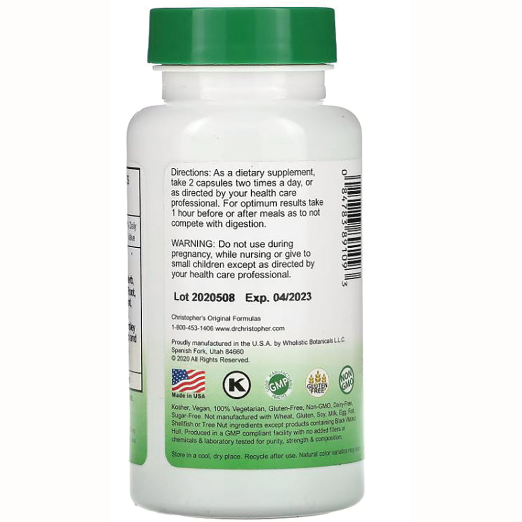 DCR052 | Back of white supplement bottle with green cap showing directions, warnings, Lot 2020508 Exp. 04/2023 and certification icons - Thumbnail