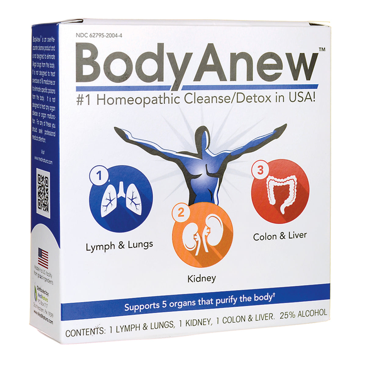 MNA024 | BodyAnew homeopathic cleanse/detox box front with organ icons for lymph & lungs, kidney, colon & liver