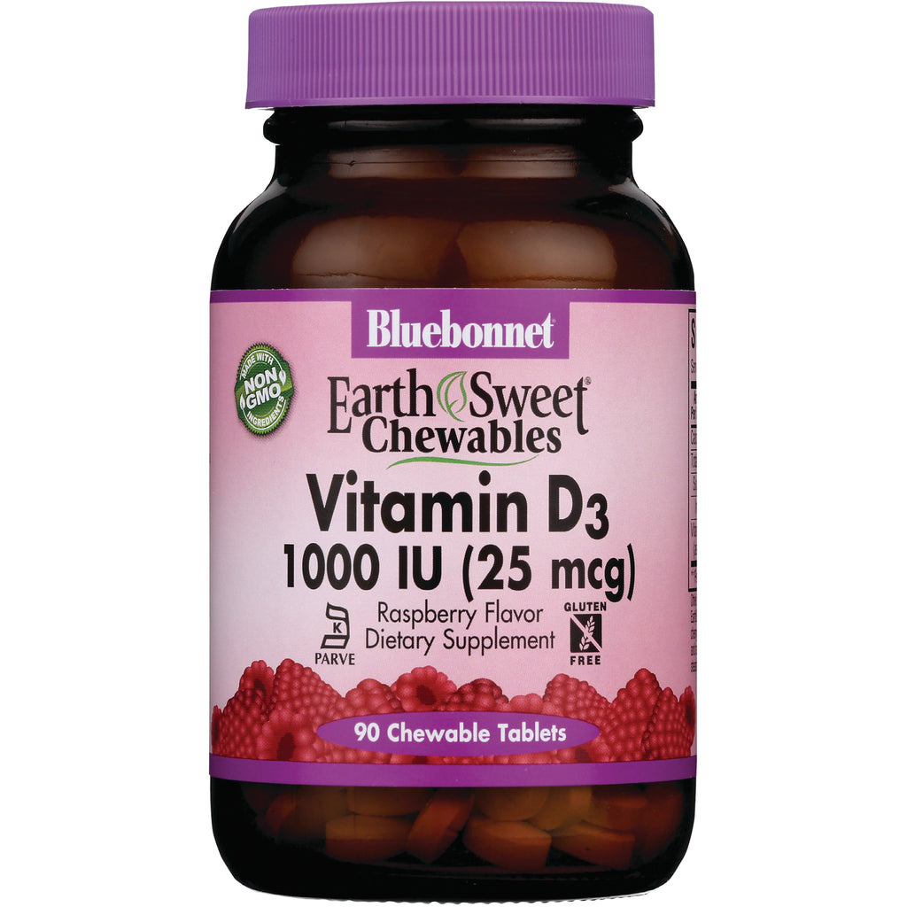 BLU076 | Bluebonnet EarthSweet Chewables Vitamin D3 1000 IU (25 mcg) raspberry flavor bottle, 90 chewable tablets - Thumbnail