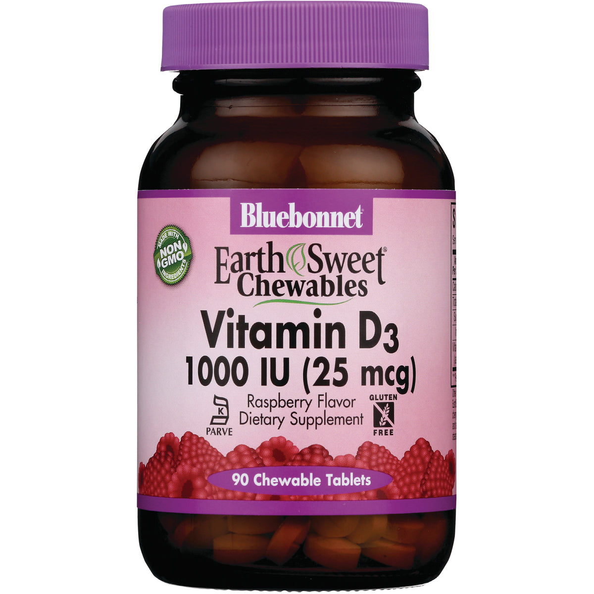 BLU076 | Bluebonnet EarthSweet Chewables Vitamin D3 1000 IU (25 mcg) raspberry flavor bottle, 90 chewable tablets