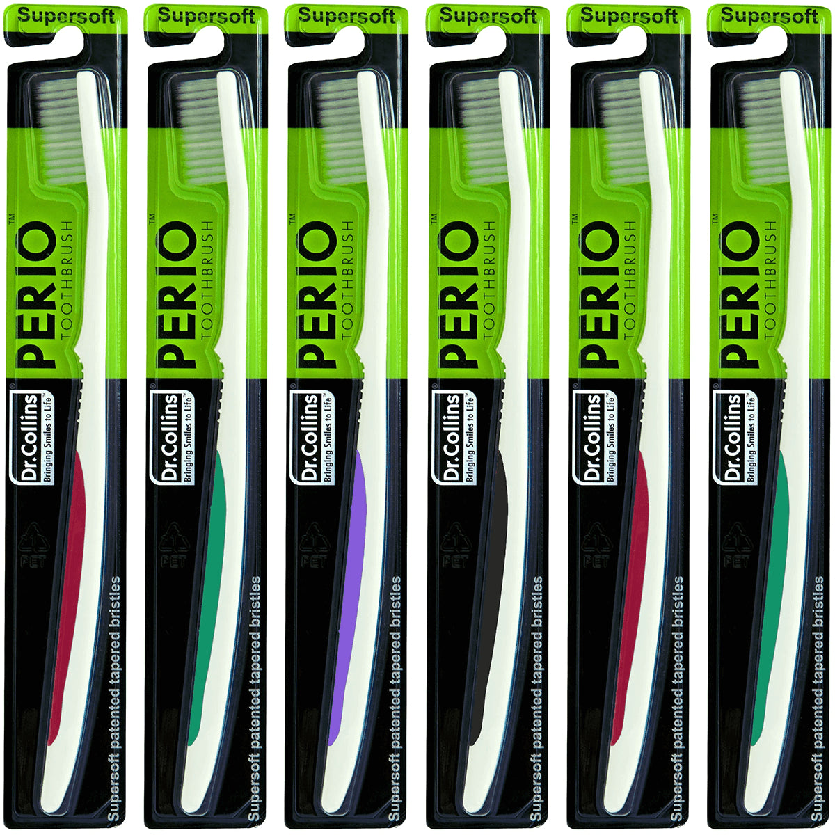 CHD009 | Five packaged Perio toothbrushes in blister packs with white handles and assorted colored grip accents