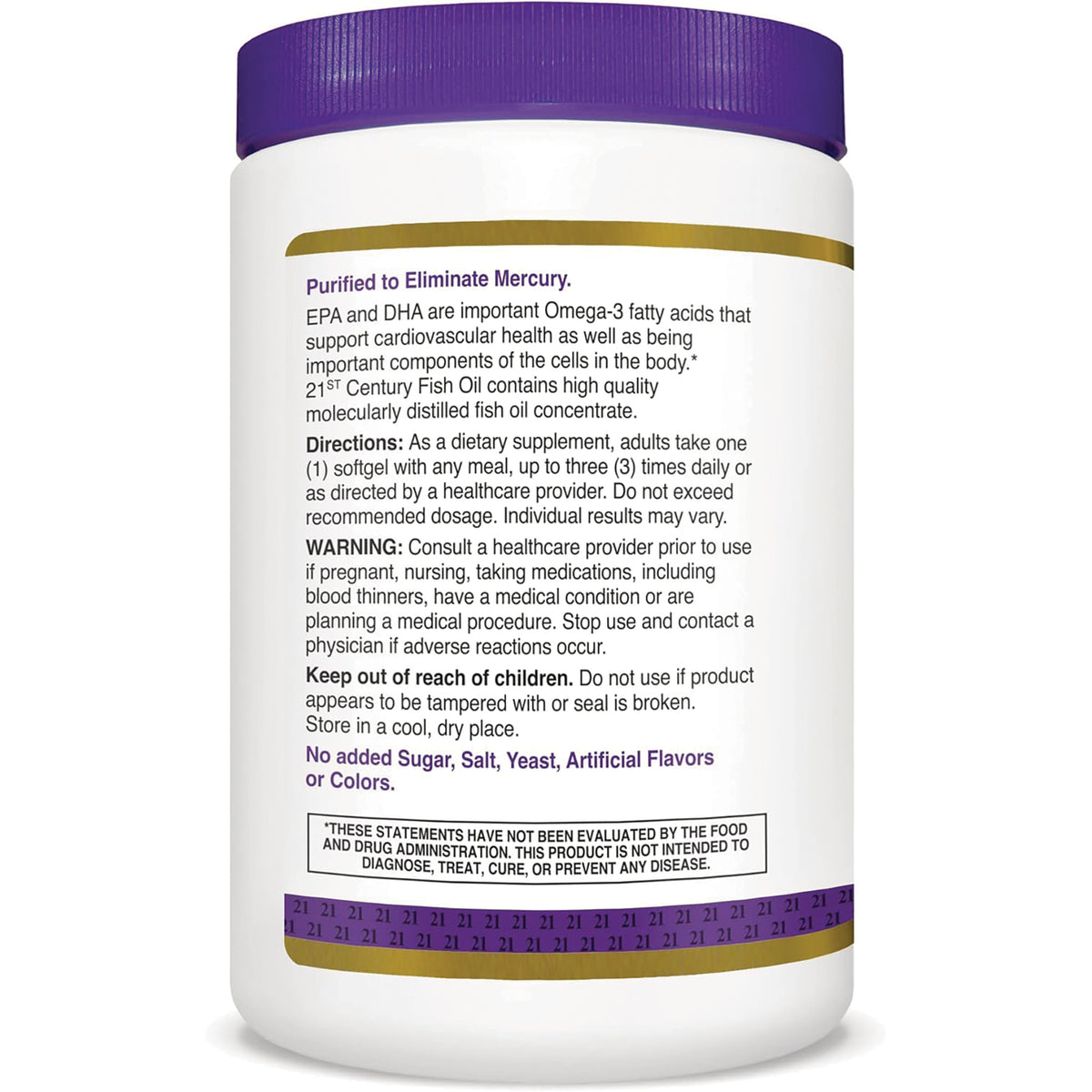 CNT114 | Back label of supplement bottle showing directions, warnings and No added Sugar, Salt, Yeast, Artificial Flavors or Colors