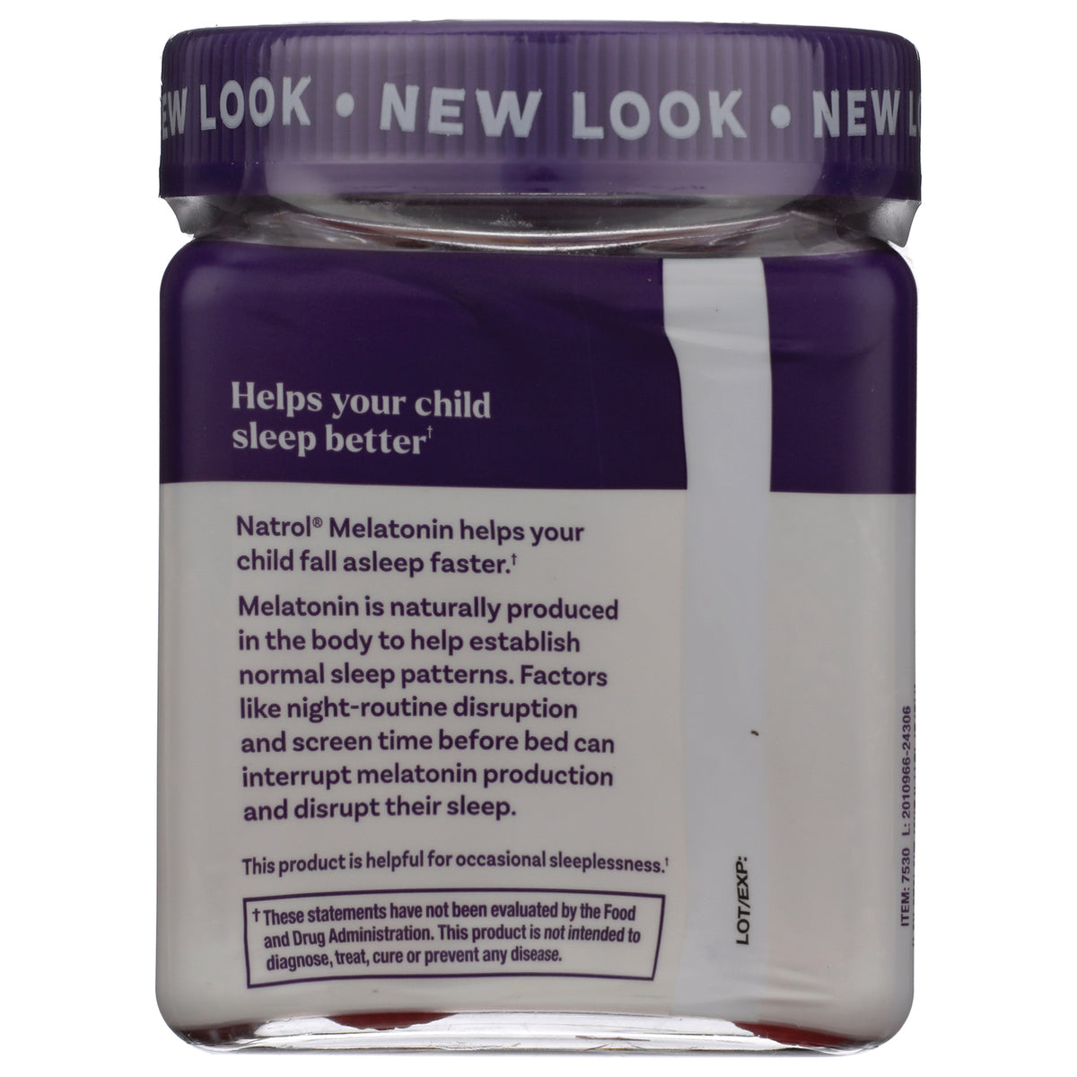 NA617 | Back label of children's melatonin bottle reading Helps your child sleep better and product information