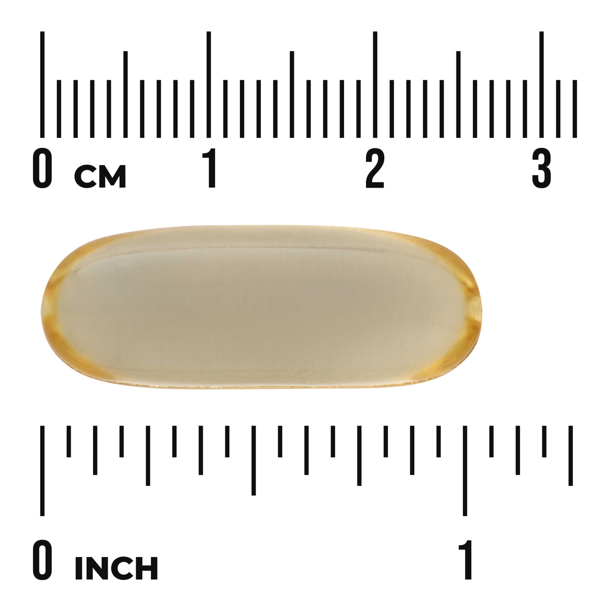 SW1439 | Softgel capsule with size reference next to ruler marked in cm and inches