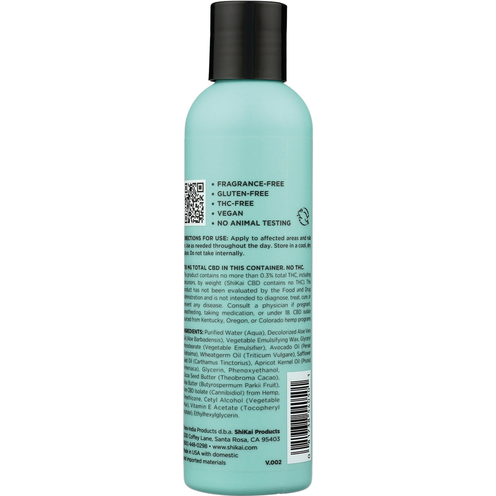 SHK058 | Back of teal bottle showing ingredients, claims FRAGRANCE-FREE GLUTEN-FREE THC-FREE VEGAN NO ANIMAL TESTING and barcode - Thumbnail