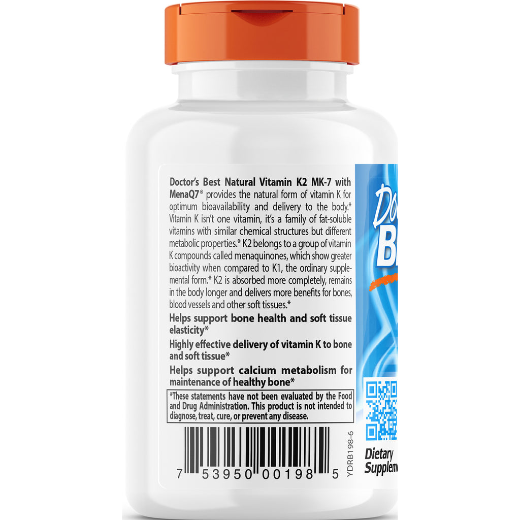 DB164 | back label of white supplement bottle showing Vitamin K2 benefits text, barcode and QR code - Thumbnail