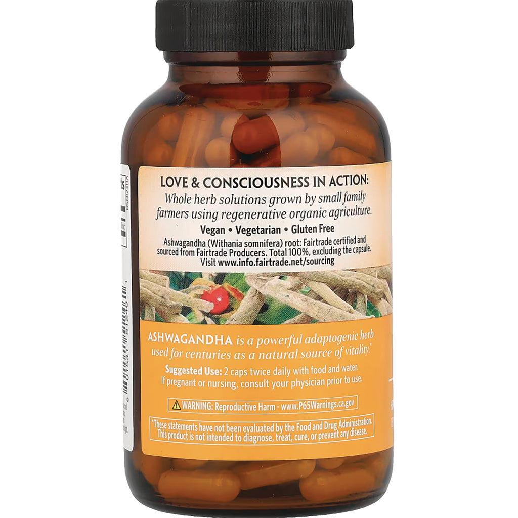 RGN077 | bottle back label showing ashwagandha capsules, vegan vegetarian gluten free, suggested use and warning - Thumbnail