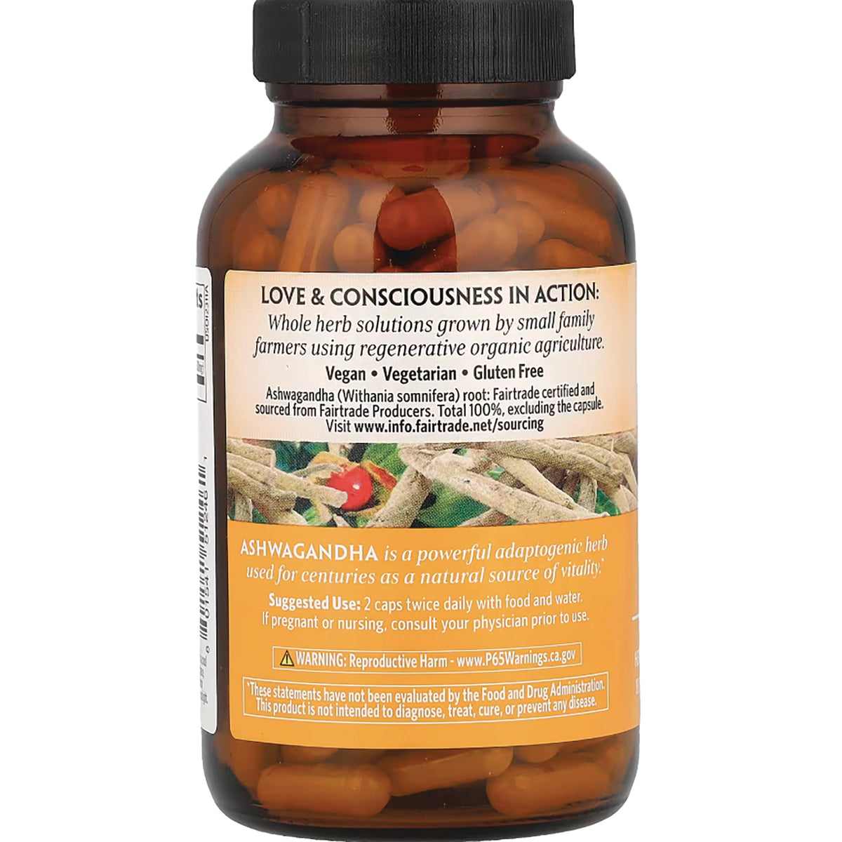 RGN077 | bottle back label showing ashwagandha capsules, vegan vegetarian gluten free, suggested use and warning