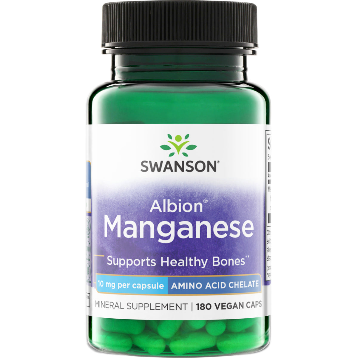 SWU536 | Swanson Albion Manganese, 10 mg per capsule amino acid chelate, mineral supplement, 180 capsules
