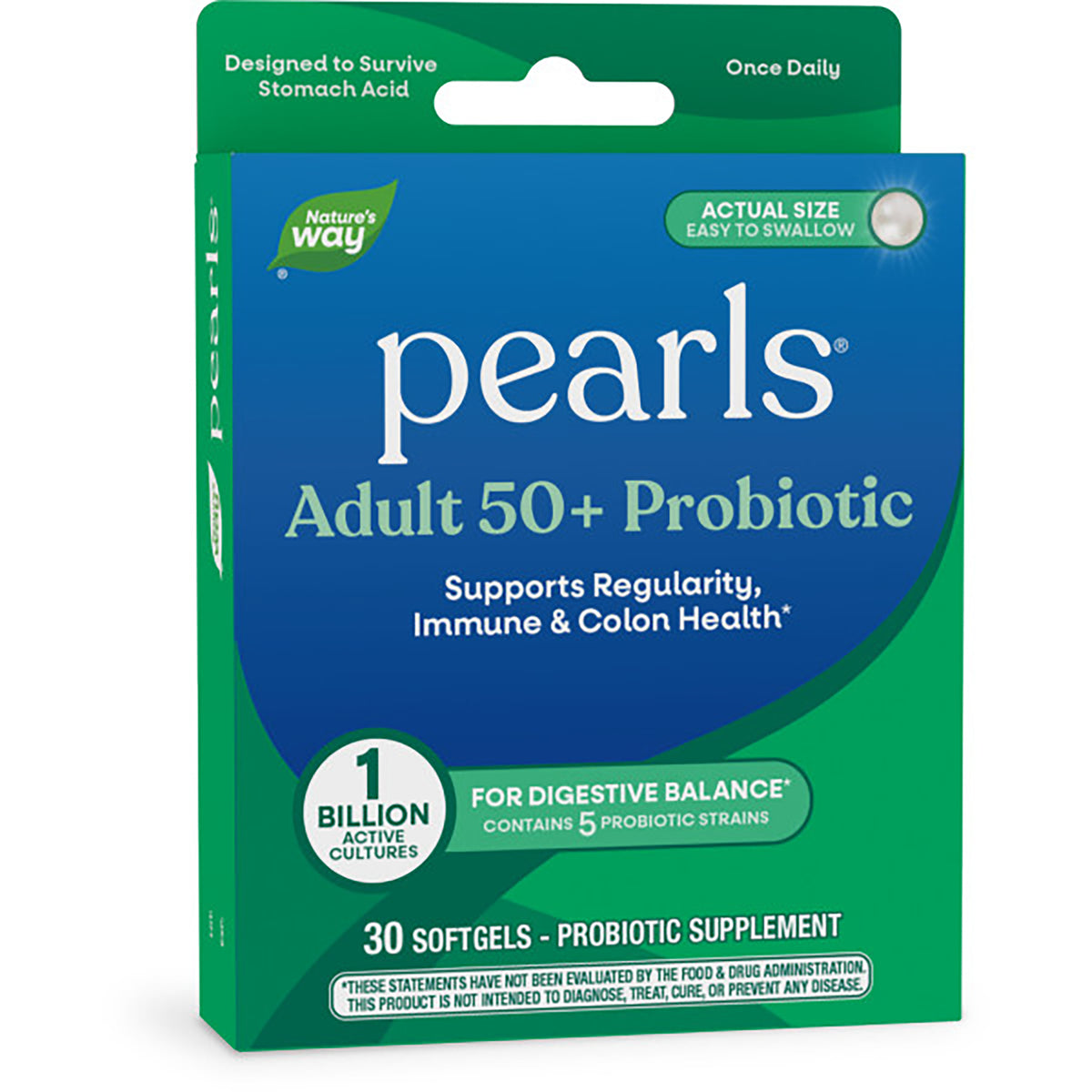 Nature's Way ADULT 50+ PROBIOTIC box front showing pearls easy to swallow and 30 softgels