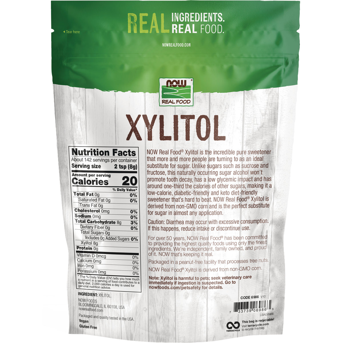 NWF112 | Back of NOW Real Food Xylitol pouch showing nutrition facts panel, product description and barcode