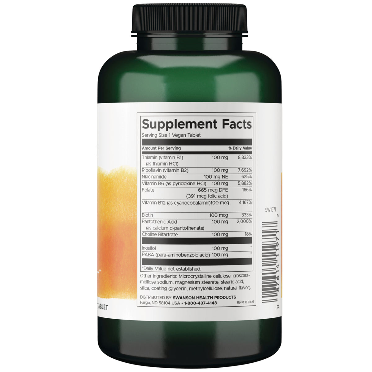 SW1971 | Back label showing Supplement Facts and ingredients on green bottle