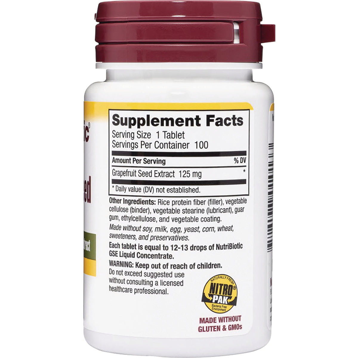 NUB002 | back label showing Supplement Facts, grapefruit seed extract 125 mg, ingredients and warning Keep out of reach of children