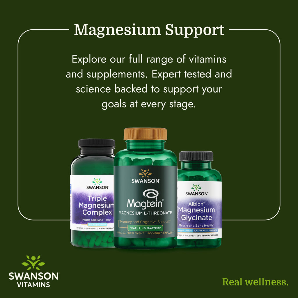 SW808 | Swanson magnesium supplements with three bottles and the text Magnesium Support and Real wellness - Thumbnail