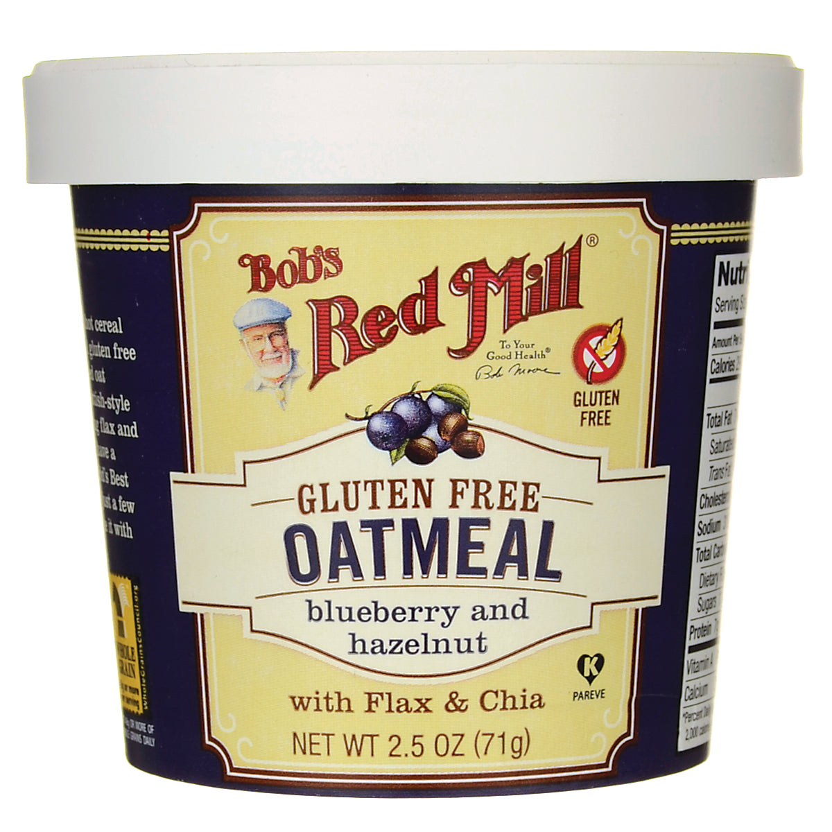 BOB228 | Bob's Red Mill gluten free oatmeal blueberry and hazelnut single-serve cup with white lid