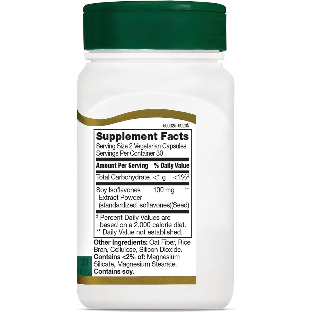 CNT154 | Back of supplement bottle with Supplement Facts label listing serving size 2 vegetarian capsules, Soy Isoflavones 100 mg, contains soy - Thumbnail