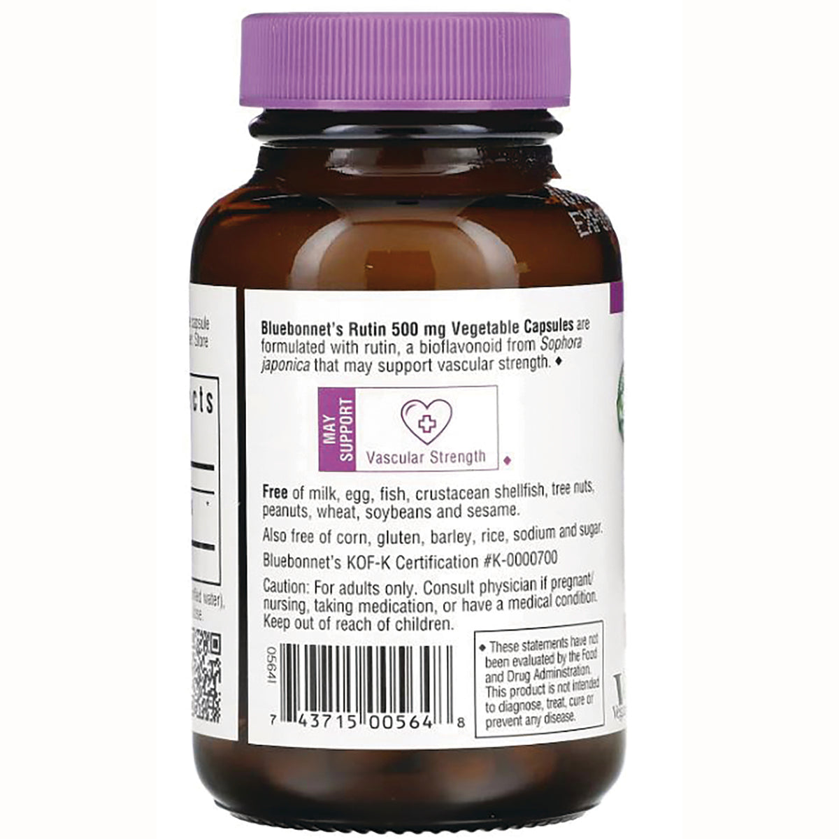 BLU112 | Back label of brown supplement bottle showing Bluebonnet's Rutin 500 mg Vegetable Capsules text, free-from claims and barcode